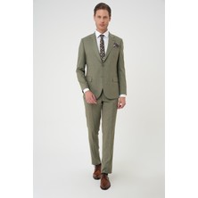 Efor Erkek Slim Fit Çift Yırtmaç Keten Yelekli Klasik Haki Takım Elbise  Tk 914