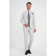 Slim Fit Fleto Cep Pötikare Desenli Yelekli Gri Takım Elbise Tk 922