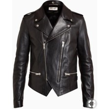 Hakiki Deri Siyah Spor Çift Fermuarlı Erkek Deri Ceket