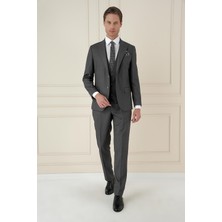 Efor Erkek Slim Fit Kırlangıç Yaka Dokulu Füme Yelekli Takım Elbise TK 907