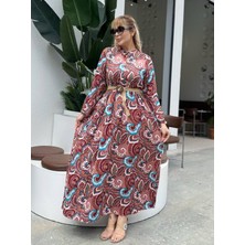 Kadın Büyük Beden Yaka Düğmeli Ispanyol Kol Dokuma Viskon Elbise