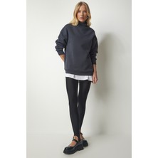 Dik Yaka Basic Şardonlu Sweatshirt LUB0039 Antrasit