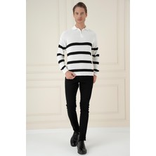 Efor Erkek Slim Fit Çizgili Fermuarlı Polo Yaka Ekru Triko Kazak Kazak TR 877