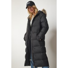 Kapüşonlu Uzun Şişme Kaban LVP0005 Siyah