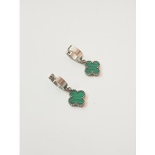 Çelik Yonca Yeşil Gümüş Renk Küpe