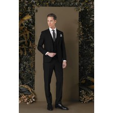 Efor Slim Fit %97 Yün Esnek Siyah Yelekli Takım Elbise TK 881