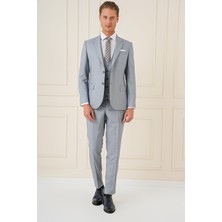 Efor Erkek Slim Fit Mono Yaka Yünlü Esnek Gri Yelekli Takım Elbise TK 903