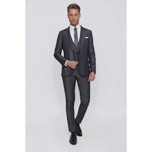 Efor Slim Fit Çift Yırtmaç Doku Desenli Antrasit Yelekli Takım Elbise TK 858