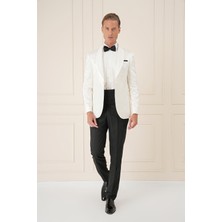 Black 036 Slim Fit Saten Yaka Çift Yırtmaçlı Tek Düğmeli Krem Damatlık Smokin Ceket
