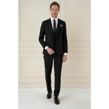 Efor Erkek Slim Fit Çift Yırtmaç Doku Desenli Siyah Yelekli Takım Elbise TK 908