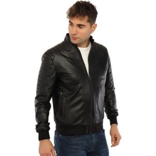 Hakiki Deri Siyah Sergio Fermuarlı Erkek Deri Ceket