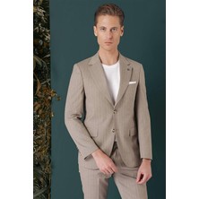 Efor Erkek Slim Fit Çift Yırtmaç Yünlü Çizgili Bej Ceket C 652