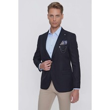 Efor Erkek Slim Fit Çift Yırtmaç Kırangıç Yaka Armürlü Lacivert Blazer Ceket C 630