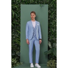 Efor Slim Fit Çift Yırtmaç Düz Mavi Yelekli Takım Elbise TK 872
