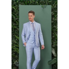 Efor Erkek Slim Fit Mono Yaka Düz Mavi Yelekli Takım Elbise TK 871