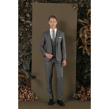 Efor Slim Fit Mono Yaka Doku Desenli Koyu Gri Yelekli Takım Elbise TK 873