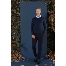 Efor Erkek Slim Fit Ribanalı Yünlü Bisiklet Lacivert Triko Kazak TR 858
