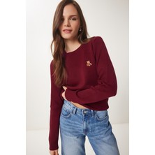 Ayıcık Işlemeli Triko Kazak LDP0028 Bordo