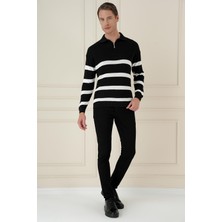 Efor Slim Fit Çizgili Fermuarlı Polo Yaka Siyah Triko Kazak TR 877
