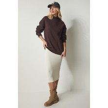 Dik Yaka Basic Şardonlu Sweatshirt LUB0039 Kahverengi
