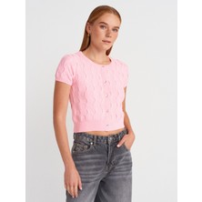 60980 Bisiklet Yaka Dokulu Düğmeli Triko Hırka-Pembe