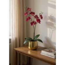Yapay Çiçek Bordo Islak Orkide Gold Metal Saksıda Saksıda Orkide 50CM