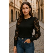 Kadın Uzun Kollu Bisiklet Yaka Kolları çiçekli Waffle Bluz