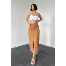 Camel Gabardin Boyamalı Püsküllü Etek