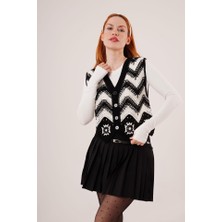 Zikzak Geçişli Triko Örme Siyah Yelek