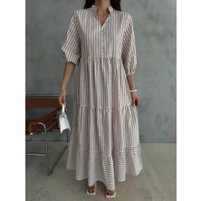 Çizgili Keten Hakim Yaka Düğmeli Salaş Elbise - Kahverengi