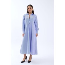 5857 Elbise-Mavi Beyaz Çizgili