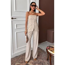 Straplez Büstiyerli Plazzo Pantolonlu Çizgili Takım 10151
