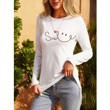 Kadın Uzun Kollu Bisiklet Yaka Gülümseyen Surat Desenli Viskon Bluz