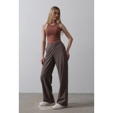 Beli Yarım Lastikli Palazzo Pantolon - Kahve