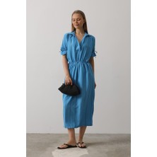 Beli Lastikli Elbise - Mavi