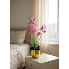 Yapay Çiçek Pembe Islak Orkide Gold Metal Saksıda Saksıda Orkide 50CM