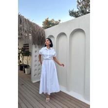 Beyaz Nakışlı İşlemeli Elbise