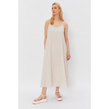 Askılı Uzun Çan Elbise - Natür