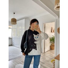 Kadın Uzun Kollu Kapşonlu Bağcıklı Kedi Desenli Şardonlu Dalgıç Bluz