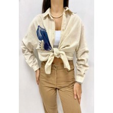 Bej Taş Işlemeli Keten Gömlek