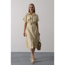 Kuşaklı Cep Detaylı Yarım Kol Elbise - Ekru