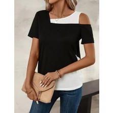 Kadın Kısa Kollu Geometrik Kesin Detaylı çift Renkli Viskon Bluz