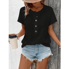 Kadın Kısa Kollu Yakası Açık Önden Düğmeli Waffle Bluz