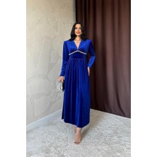 Saks Göğüs Altı Taşlı Elbise