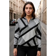 Kadın Uzun Kollu Yuvarlak Yaka Fermuarlı Desenli şardonlu Bluz