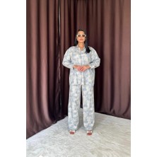 Mavi Leopar Desenli Ceket ve Pantolon Keten Takım