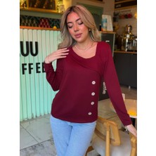 Kadın Uzun Kollu Geometrik Yaka Detay Yandan Düğmeli Viskon Iki Iplik Bluz