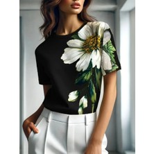 Kadın Kısa Kollu Bisiklet Yaka çiçek Baskılı Süprem Bluz