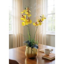 Yapay Çiçek Sarı Islak Orkide Gold Metal Saksıda Saksıda Orkide 50CM