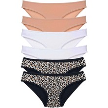6 Adet Likralı Kadın Slip Külot Leopar Ten Beyaz
